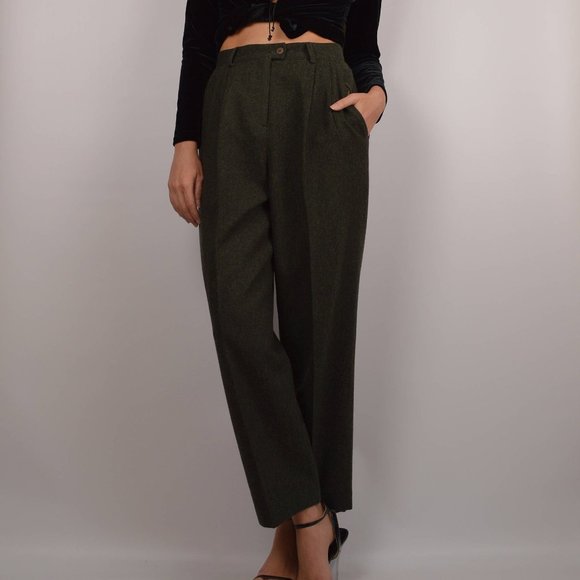 Vintage Pants - Vintage Dark Olive Green High Rise Pleated Wool Trouser Pants Size 12 Women's